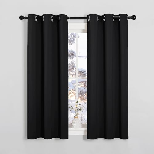 PONY DANCE Short Blackout Eyelet Curtains, Black, 2 Panels, 37 x 54 Inch | Thermal Insulated 54 Inch Drop Curtains for Bedroom Windows, Energy Saving & Room Darkening Drapes for Living Room or Kitchen