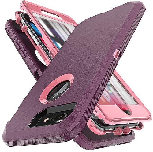 YmhxcY for iPhone 8/7/SE 2020/2022 Case with Built-in Screen Protector - 3-Layer Durable Cover/Shockproof Armor - Drop Protection - Wine Red/Pink
