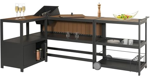 Mendler Outdoor-Küche 3-teilig HWC-M64 - anthrazit, helle Holzoptik | Außenküche, Garten, Servierwagen, Eiskübel, Schrank, Aluminium