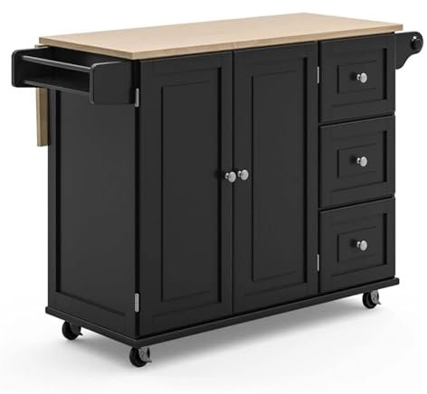 LINKIO Islas para Cocinas con Almacenaje Carrito de Cocina con Tapa de Madera y Barra abatible, Isla de Cocina móvil rodante con Almacenamiento y toallero, Negro Isla De Almacenamiento De Cocina