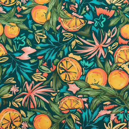 Canvas Stoff Orangen, Dekostoff 100% Baumwolle, Leinenoptik, petrol (Länge am Stück: ab 50cm x Breite: 135cm)