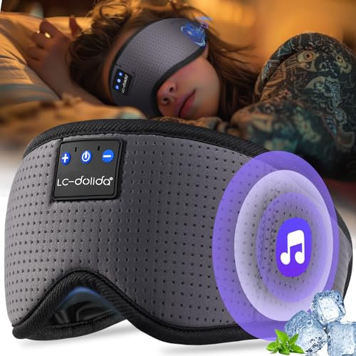LC-dolida Schlafmaske mit Kopfhörer Schlafkopfhörer Bluetooth V5.4, 100% Lichtblockierende Atmungsaktive Schlafbrill für Frauen Herren,Augenmaske Schlafbrille für Reisen/Nickerchen/Yoga/Meditation