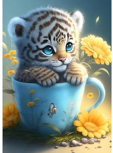 DPHERO DIY Baby Tiger Diamant Painting Bilder für Erwachsene Anfänger,5D Tasse Diamond Painting Set,DIY Runde Steine Blumen Diamant Kunst Kits, Tiger Diamant Painting für Zuhause Dekor 30x40 cm