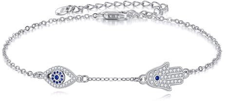 JERWLI Evil Eye Hamsa Armband Sterling Silber Evil Eye und Hamsa Layered Armband Glück Schutz Amulett Schmuck für Frauen