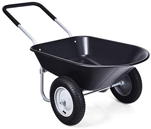 GOPLUS Schiebkarre, Schubkarre mit 2 Luftreifen mit Metall Felge & PP Wanne & Softgrip-Griffe, Bauschubkarre mit Tragkraft, für pferdemist & Erde & Werkzeug, für Garten & Stall (Schwarz)