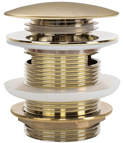 Rea Bonde de baignoire Universelle Click-Clack Gold Brush 6 cm Bonde de baignoire avec ou sans trop-Plein, Bouchon Pop-up en Laiton (Or brossé)