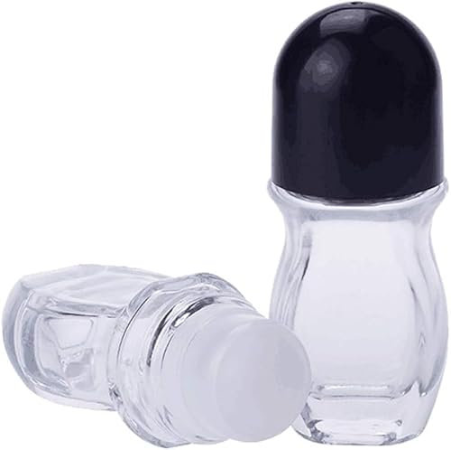 2Pcs 50ml Clear Refillable Glass Roll-On Deodorant Bottles Empty Essential Oils Roller Bottles Containers with Plastic Roller Ball and Black Cap for Deodorant Lip Oil Massage Oil Tools