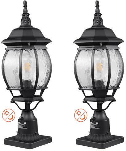 VEVOR Lampadaire extérieur, lot de 2, luminaires étanches 530 mm, avec base de montage sur pilier 9 cm, abat-jour verre, éclairage anti-foudre crépuscule à l'aube pour patio, jardin, allée, terrasse