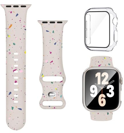 Joehwerr Cinturino 3 in 1 per Apple Watch da 45 mm, con custodia e pellicola protettiva, cinturino sportivo in silicone e custodia protettiva con vetro temperato 9H per iWatch serie 9/8/7