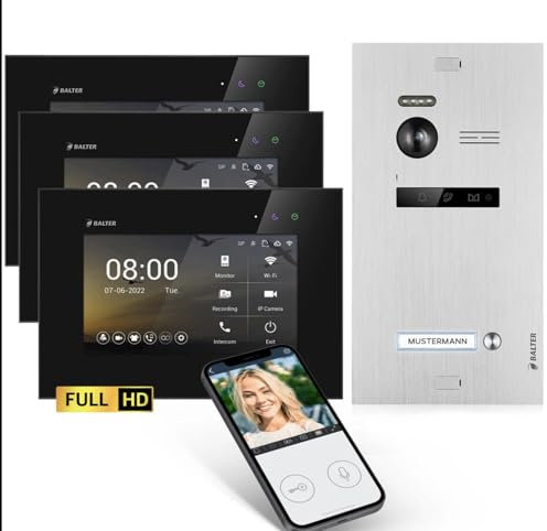 SCHUTZER Balter EVO - Campanello video HD con fotocamera, 2 fili, 1 casa di famiglia, monitor da 3 x 7 pollici con Wi-Fi, Full HD, visione notturna, videocitofono con apriporta, fotocamera per porta