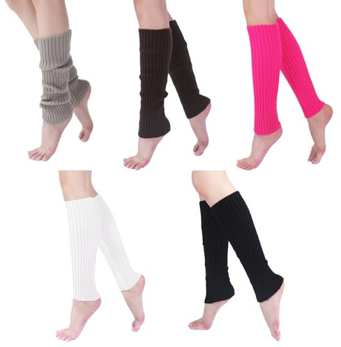 LILELIG 5 Paare Winter Stulpen: Häkelarbeit Gestrickte Leg Warmers Stulpen, Beinstulpen, Beinwärmer für Damen - Schwarz, Weiß, Grau, Braun, Rosenrot