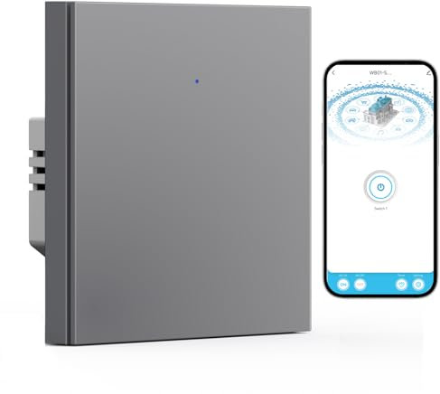 BSEED WIFI Smart Interruptor, 1 Gang 1 Vía Wifi Interruptor Basculante Empotrado Gris, Compatible con Alexa y Google Home, Funciona con App Smart Life (Requiere Cable Neutro)