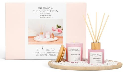 French Connection Marshmallow Home Fragrance Gift Set | Scented Candle & Reed Diffuser with Wooden Plate & Pebbles | Luxury Aromatherapy Set (Large)