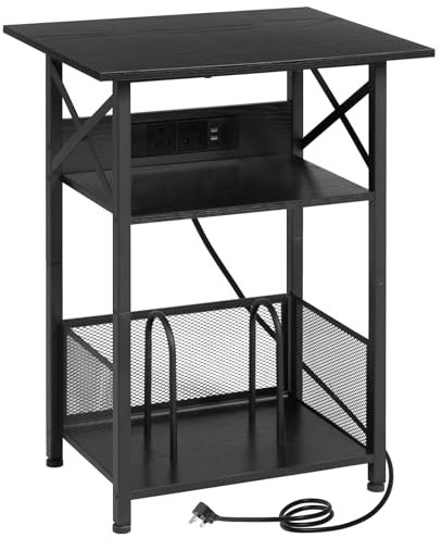 AMHANCIBLE Record Player Stand with Charging Station, 3-Tier Bedside Table with Extra-Large Desktop and Storage Cabinet, Vinyl Record Stand Hold Up to 100 Albums for Living Room, Black HETCD012BK-1