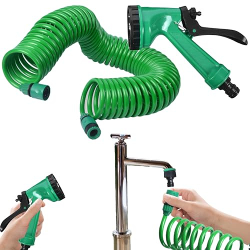 Spiralschlauch | Dehnbarer Gartenschlauch mit Sprühdüse | 5 Bewässerungsmodi, Bewässerungssystem, ergonomischer und leichter Sprühkopf für Boote, Camping, Reinigung
