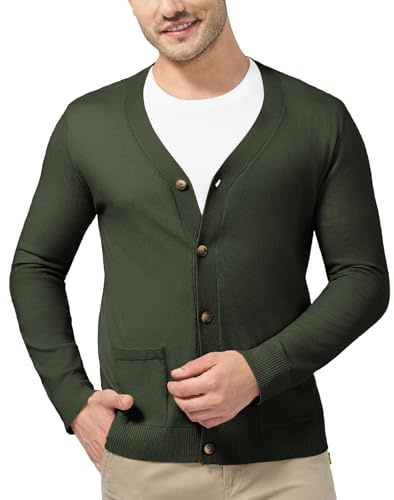 KUYIGO Maglione da Uomo con Scollo a V, abbottonatura, a Maniche Lunghe, Leggero, Morbido, Misto Lana, Casual, con Tasche, M-3XL