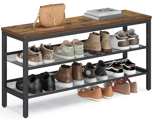 VASAGLE Schuhbank mit 3 Ebenen, Industrie-Stil, 28 x 100 x 50 cm | Einteiliges Design, mit erhöhten Kanten, einfache Montage, vintagebraun-tintenschwarz, DACEY Kollektion LSB075KD02