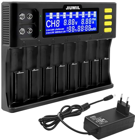 JIUWIIL Caricabatterie 18650, 8+2 slot Caricabatterie a ricarica