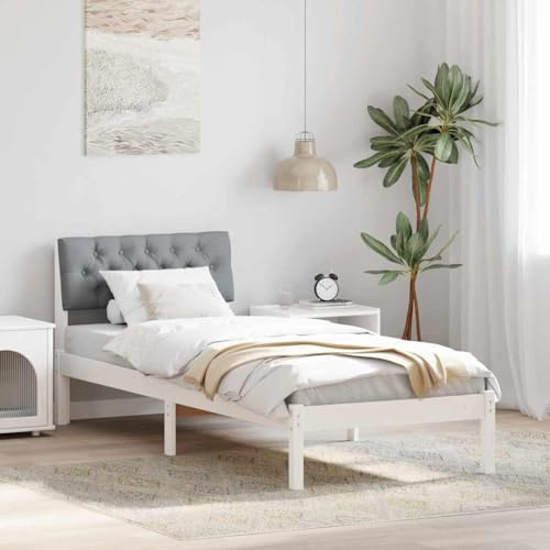 Qnhdfrt Bettgestell 204×80,5×78,5 cm Kiefer Massivholz Weiß-Hellgrau mit Lattenrost & Wand-Kopfteil