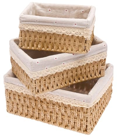Set of 3 Storage Baskets, 3 Size Handmade Woven Bathroom Box, Natural Paper Rope Changing Bin Woven Hamper Basket for Bathroom, Toilet, Makeup, Bedroom, Cosmetic, Toys, Table Organiser