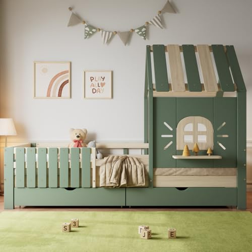 Sapgaks Lit cabane Enfant 90x200 avec Toit et fenêtre et 2 tiroirs,lit Enfant avec Barriere 90x200cm,avec Rebord de fenêtre en Bois,clôture à Quatre côtés, pin+MDF, Vert+Naturel