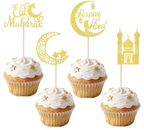 24 Stück Eid Mubarak Cupcake Topper Set, Ramadan Kareem Kuchendekoration, Stern und Mond Tortendeko, Eid Mubarak Glitzer Topper, Ramadan Deko für Kuchen, Cupcakes, Muffin, Eid al-Fitr Party (Gold-B)