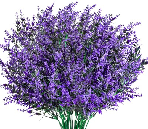 6 Pcs Artificial Lavender Flowers Plastic Decorative Flowers Indoor(Purple) | Outdoor Fake Plants UV Resistant Shrubs Bushes Greenery Hanging Planter for Home Garden Office Grass Table