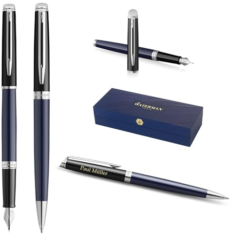 Waterman Hémisphère Fountain Pen & Ballpoint Pen Set with Engraving - Luxury Writing Set, Personalised as a Gift for Birthday, Anniversary and Christmas Gifts (Block Black-BLUE)
