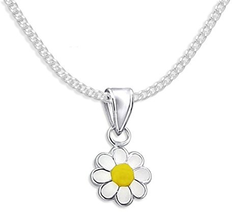 Heather Needham Sterling Silver Children's Daisy Necklace on 14 Silver chain - Yellow & White Enamel Daisy Pendant - SIZE: small & dainty 10mm. Gift Boxed 4876/14