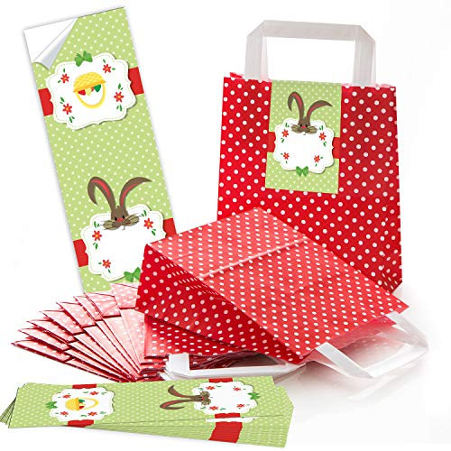 Logbuch-Verlag 10 Ostertüten zum Befüllen 18 x 8 x 22 cm mit Osteraufkleber grün rot weiß FROHE OSTERN - Osternest Ostern Papiertüte mit Henkel
