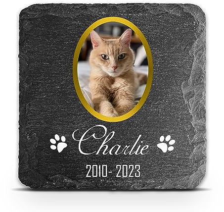 TULLUN Targa commemorativa personalizzabile per animali domestici, gatti, cani, in ardesia, con cornice in pietra e zampe, dimensioni 10,2 x 10,2 cm o 100 x 100 mm, cornice dorata