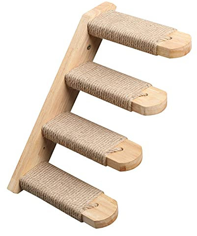 FUKUMARU Kletterwand für Katzen, Katzentreppe Wand, Wandliege aus Massivem Gummiholz, für Katzen bis 15 kg, mit Juteseil zum Kratzen Von Links nach Rechts