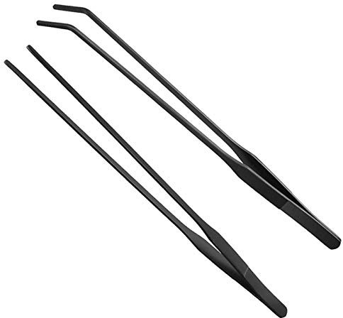 HRASY - Pinzette nere per acquario, in acciaio inox, dritte e curve, con manico lungo, pinze per l'alimentazione di rettili, per acquario, piante acquatiche, confezione da 2, 26 cm