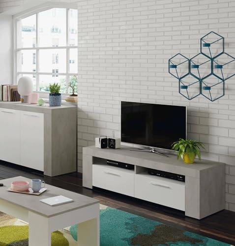 Dmora - Meuble TV Stamford, Buffet pour télévision de salon, Meuble TV 2 portes, Buffet bas pour salon, 120x42h40 cm, Blanc et Ciment