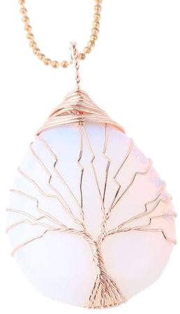&ET Crystal Necklace, Golddraht Umwickelter Baum des Lebens Naturedelstein Tropfenform Opal Kristallhalskettenanhänger Mit Goldkette für Frauen Männer