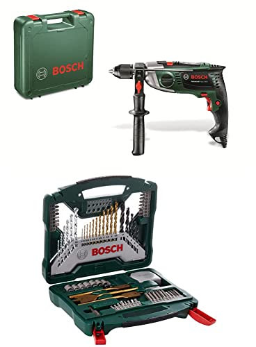 Bosch Schlagbohrmaschine AdvancedImpact 900 (Zusatzhandgriff, Tiefenanschlag, Koffer) + 70tlg. X-Line Titanium-Bohrer und Schrauber Set (Holz, Stein und Metall)