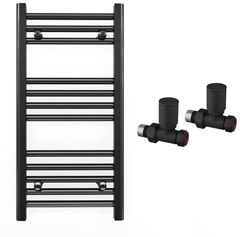 Myhomeware 400mm Wide Straight Black Heated Bathroom Towel Rail Radiator With Valves For Central Heating UK (With Black Straight Valves, 400 x 700mm (h))