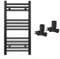Myhomeware 400mm Wide Straight Black Heated Bathroom Towel Rail Radiator With Valves For Central Heating UK (With Black Straight Valves, 400 x 700mm (h))