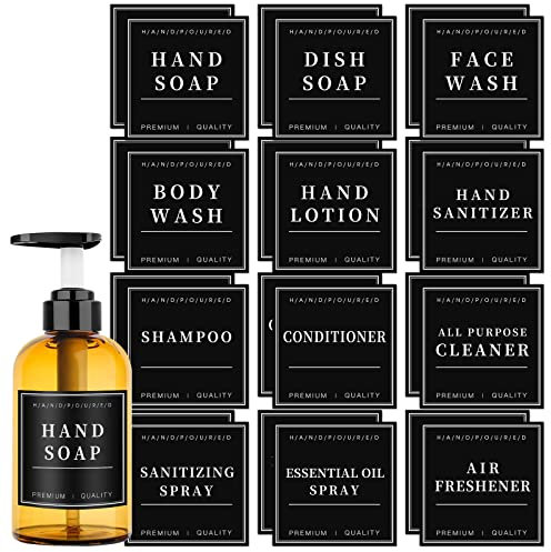 Wasserdichte Etiketten für Glas- oder Kunststoffflaschen, Badezimmer-Handseifen-Shampoo-Spender-Aufkleber, abnehmbare Reinigungsetiketten für Seife, Lotion, Shampoo und Spülung (7,6 x 7,6 cm), 24