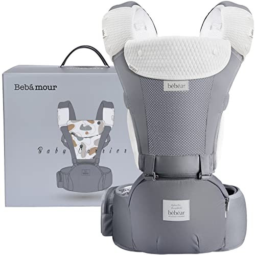 Bebear Babytrage,Bebamour Babytrage für 0-36 Monate, 3D Air Mesh Babytrage Rucksack für Neugeborene bis Kleinkinder,Seaonal Grey