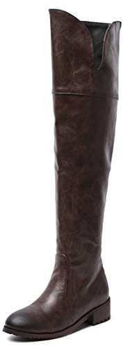 REKALFO Stivali da donna sopra il ginocchio Pelle PU Punta tonda Stivali invernali con cerniera Tacco a spillo Scarpe comfort moda carine Marrone scuro 43 EU