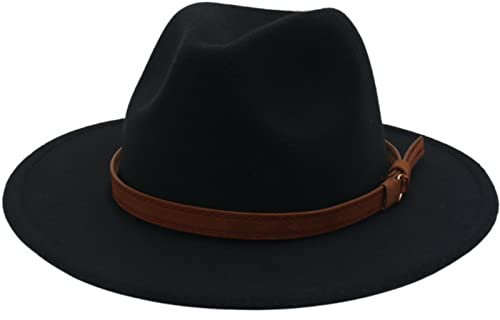 Faringoto Fedora Hut Damen Wollfilz Vintage Kirche Damenhut Unisex breite Krempe, Schwarz , M