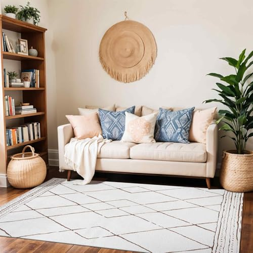 Livabliss Hannah Linkka Geometric Rug – 160x213 cm, Cream, Orange & Brown | Neutral, Abstract Patterned Rugs, Boho Style, Easy Care Pile