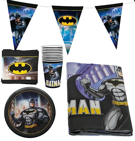 Party Factory « Batman » Ensemble de vaisselle jetable, 10 gobelets, 10 assiettes, 20 serviettes, 1 nappe et 1 guirlande de fanions