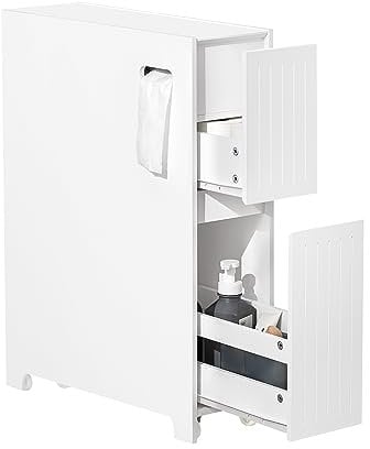 SoBuy Armoire WC Toilettes Compact, Meuble de Rangement Salle de Bain Étroit avec roulettes, Meuble WC 20 cm avec Tiroir en Bois,pour Rangement de Papier Toilette, 60x20x75cm, BZR111-W