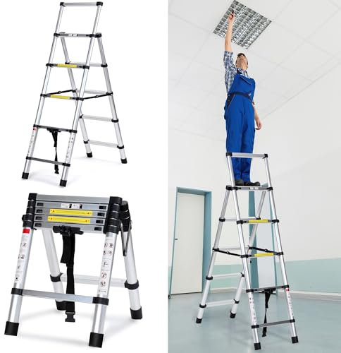 Cecaylie Scala telescopica pieghevole, scala in alluminio, 1,4 m + 1,7 m, 4 + 5 gradini, portata massima 150 kg