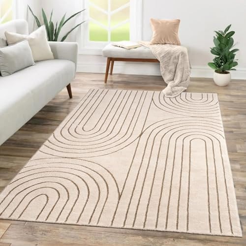 TT Home Wohnzimmer Teppich Kurzflor Geometrisches Design Abstrakte Optik, Farbe:Creme, Größe:160x230 cm