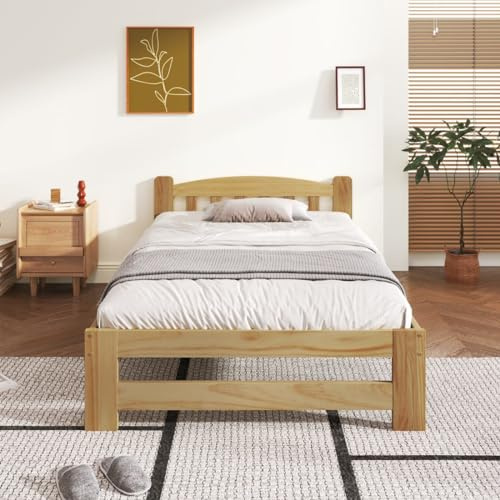 Sweiko Bettrahmen 90 x 200 cm, Massivholz, Futonbett, Einzelbett, Massivholz, Naturholz mit Kopfteil und Lattenrost, Bett für Jugendliche, Bett für Erwachsene, Natu, WF310469AAA