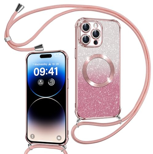 Phoona Funda Glitter Magnética para iPhone 14 Pro con Cuerda, Rosa | [Compatible con MagSafe], Glitter Brillante Carcasa，Resistente a Los Arañazos TPU Suave Antigolpes Cover