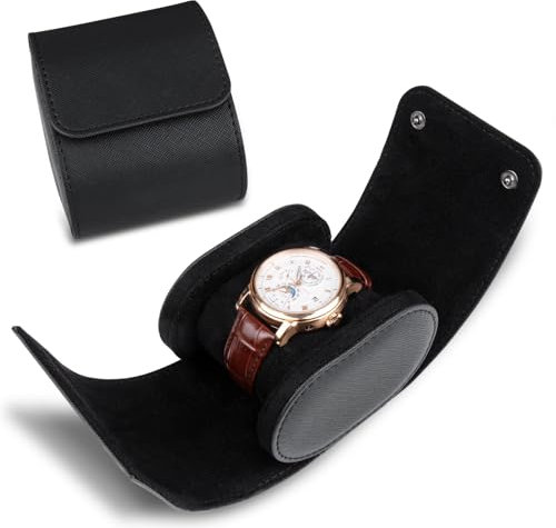 RoYiio 1 Slots Zylindrische Uhrenbox, Uhrenrolle Reisetasche Vintage Uhrengehäuse für Männer Frauen - Schwarz Upgrade-Version